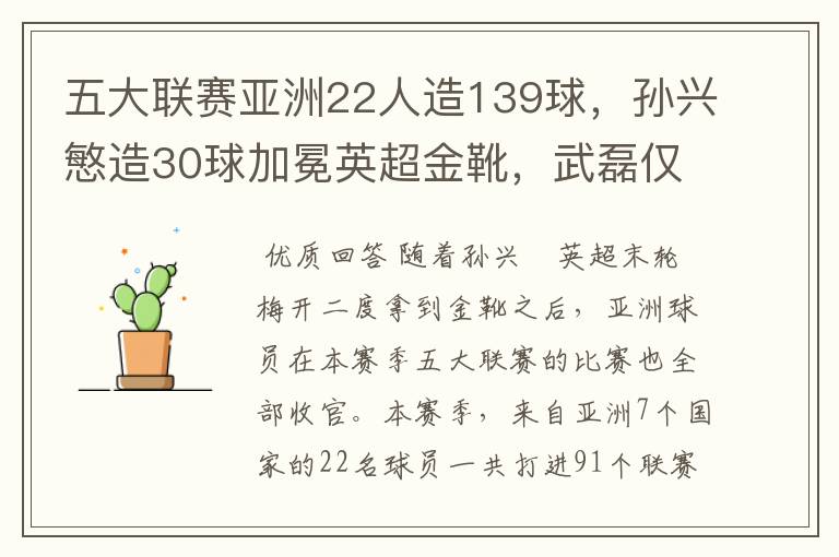 五大联赛亚洲22人造139球，孙兴慜造30球加冕英超金靴，武磊仅1球