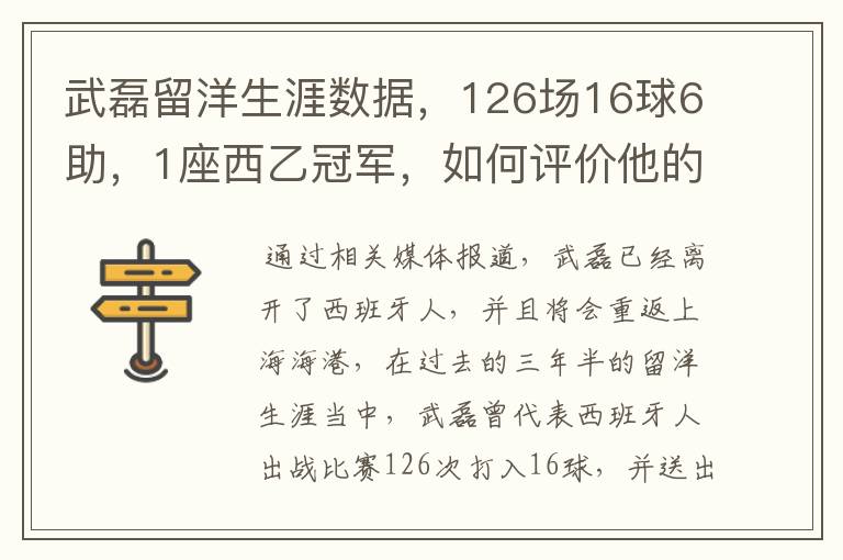 武磊留洋生涯数据，126场16球6助，1座西乙冠军，如何评价他的表现？