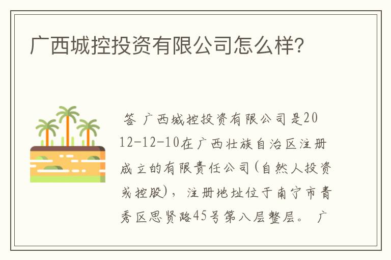 广西城控投资有限公司怎么样？