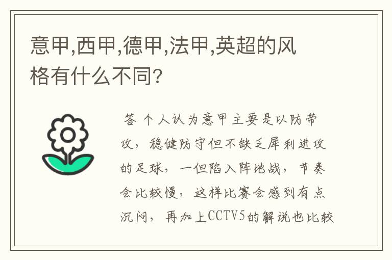 意甲,西甲,德甲,法甲,英超的风格有什么不同?