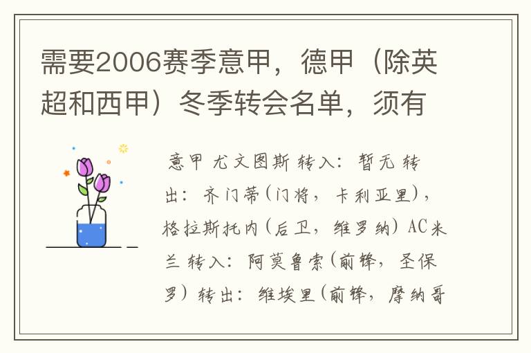 需要2006赛季意甲，德甲（除英超和西甲）冬季转会名单，须有转会方式