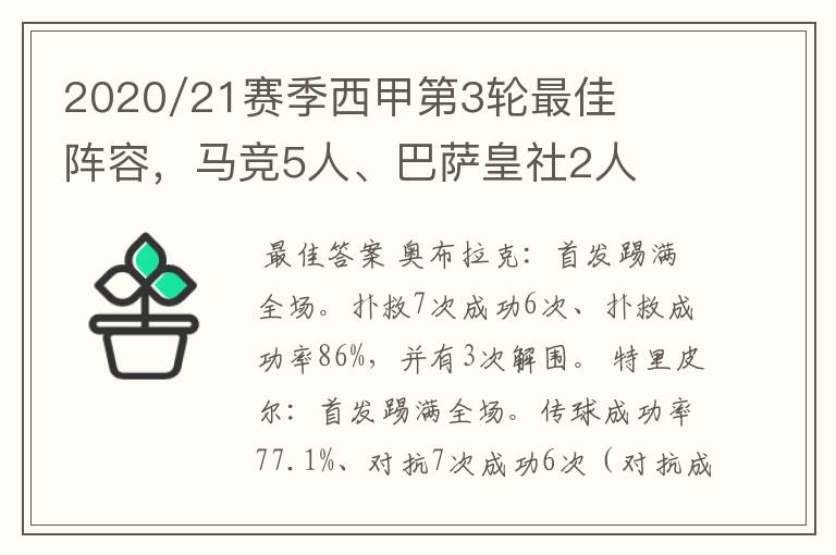 2020/21赛季西甲第3轮最佳阵容，马竞5人、巴萨皇社2人