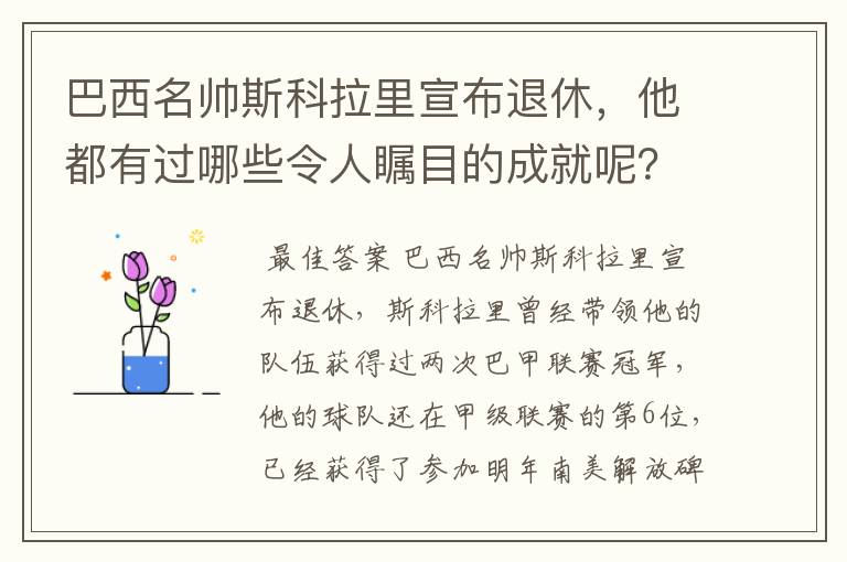 巴西名帅斯科拉里宣布退休，他都有过哪些令人瞩目的成就呢？