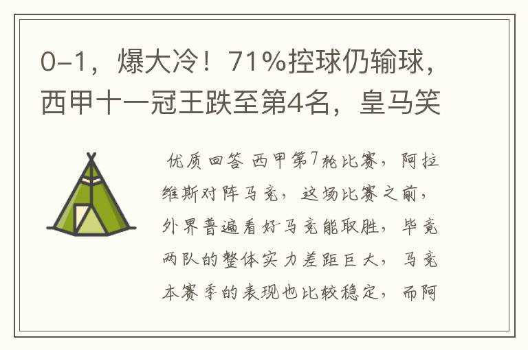 0-1，爆大冷！71%控球仍输球，西甲十一冠王跌至第4名，皇马笑了