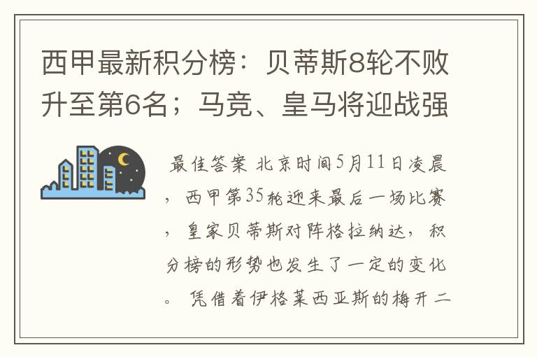 西甲最新积分榜：贝蒂斯8轮不败升至第6名；马竞、皇马将迎战强敌