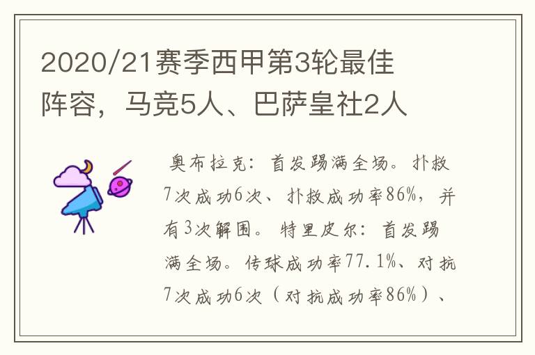 2020/21赛季西甲第3轮最佳阵容，马竞5人、巴萨皇社2人