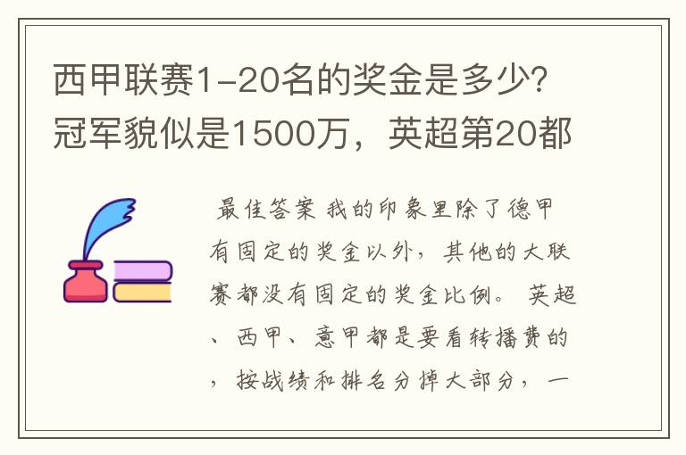 西甲联赛1-20名的奖金是多少？冠军貌似是1500万，英超第20都是4000万呀！