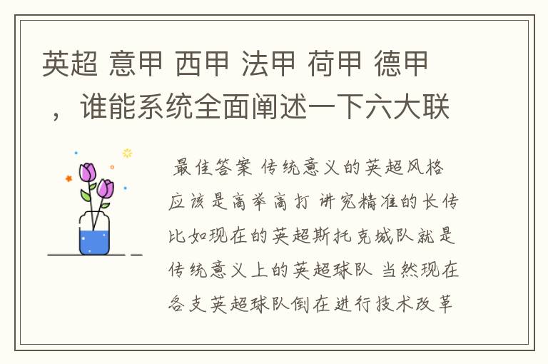 英超 意甲 西甲 法甲 荷甲 德甲 ，谁能系统全面阐述一下六大联赛风格的优缺点 ，