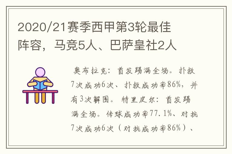 2020/21赛季西甲第3轮最佳阵容，马竞5人、巴萨皇社2人