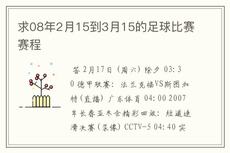 求08年2月15到3月15的足球比赛赛程