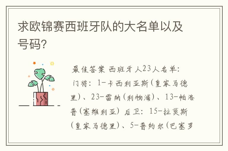 求欧锦赛西班牙队的大名单以及号码？