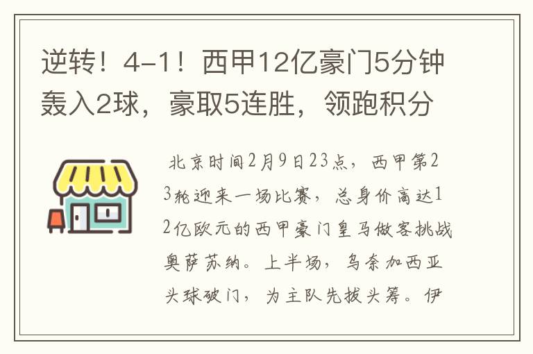 逆转！4-1！西甲12亿豪门5分钟轰入2球，豪取5连胜，领跑积分榜