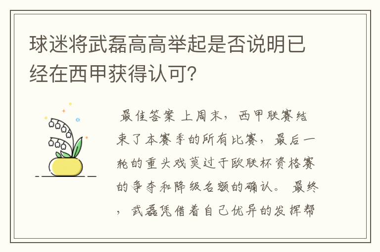 球迷将武磊高高举起是否说明已经在西甲获得认可？