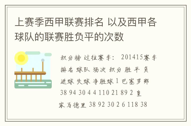 上赛季西甲联赛排名 以及西甲各球队的联赛胜负平的次数