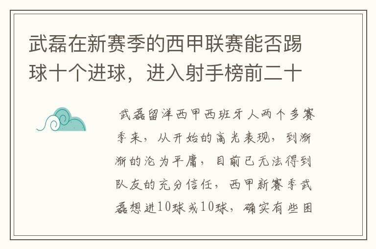 武磊在新赛季的西甲联赛能否踢球十个进球，进入射手榜前二十？