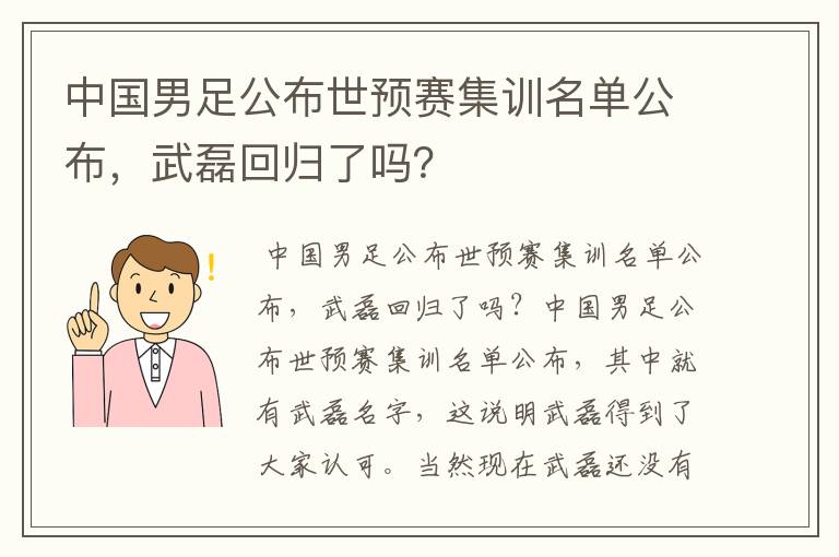 中国男足公布世预赛集训名单公布，武磊回归了吗？