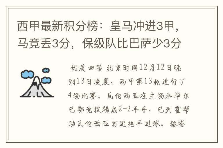 西甲最新积分榜：皇马冲进3甲，马竞丢3分，保级队比巴萨少3分