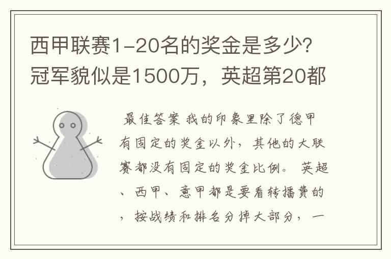 西甲联赛1-20名的奖金是多少？冠军貌似是1500万，英超第20都是4000万呀！