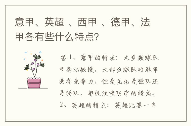 意甲、英超 、西甲 、德甲、法甲各有些什么特点？