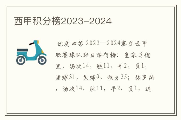 西甲积分榜2023-2024