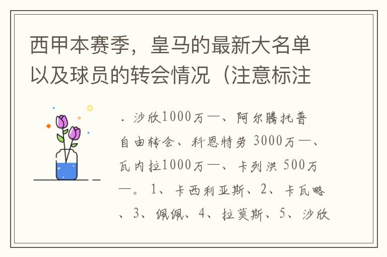 西甲本赛季，皇马的最新大名单以及球员的转会情况（注意标注球员身价）