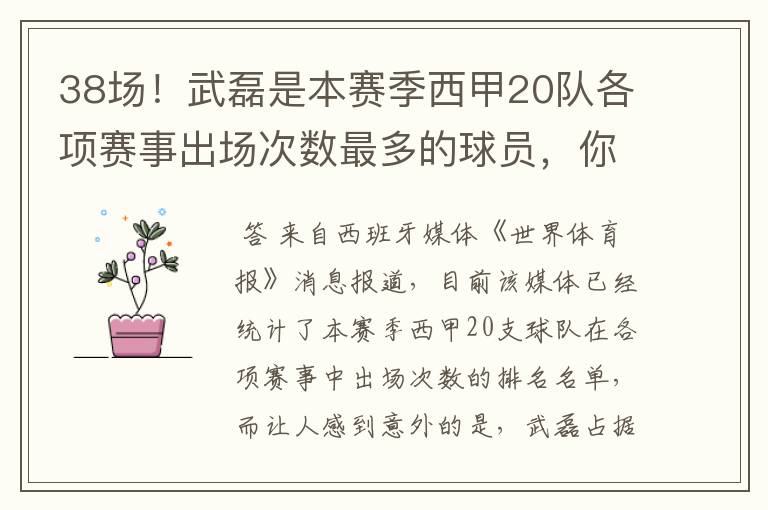 38场！武磊是本赛季西甲20队各项赛事出场次数最多的球员，你怎么看？