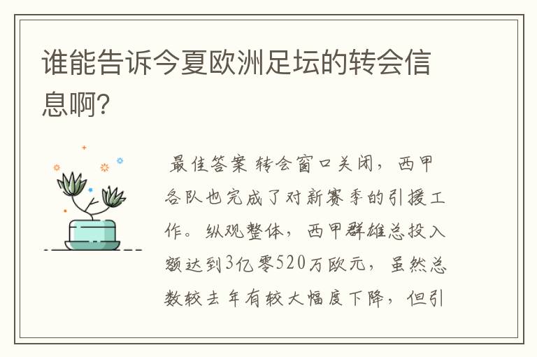 谁能告诉今夏欧洲足坛的转会信息啊？