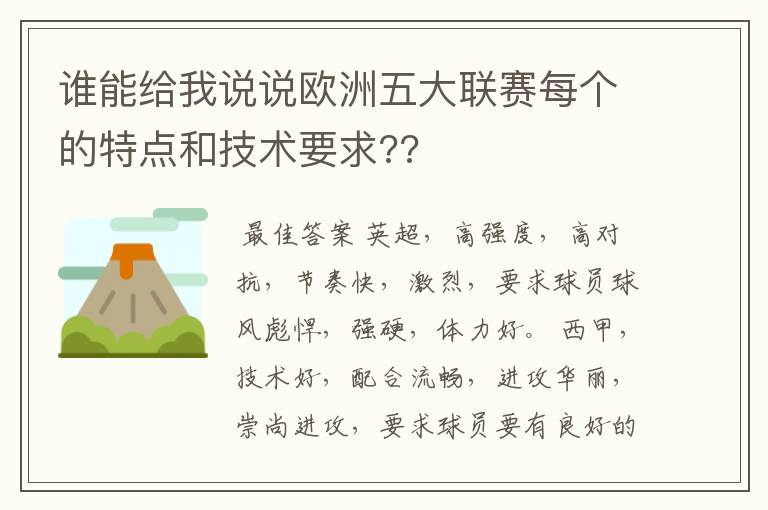 谁能给我说说欧洲五大联赛每个的特点和技术要求??