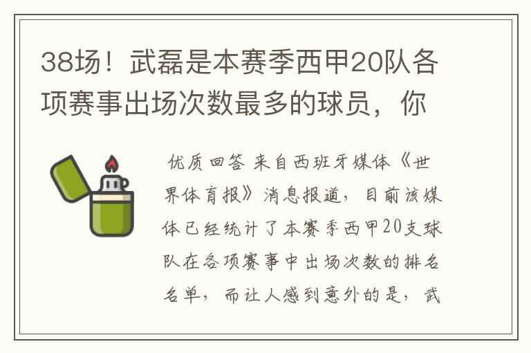 38场！武磊是本赛季西甲20队各项赛事出场次数最多的球员，你怎么看？