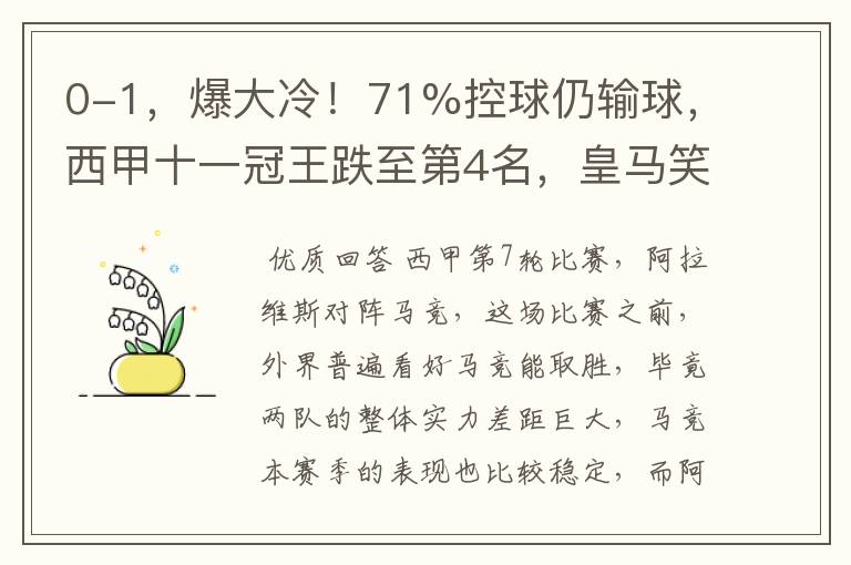 0-1，爆大冷！71%控球仍输球，西甲十一冠王跌至第4名，皇马笑了