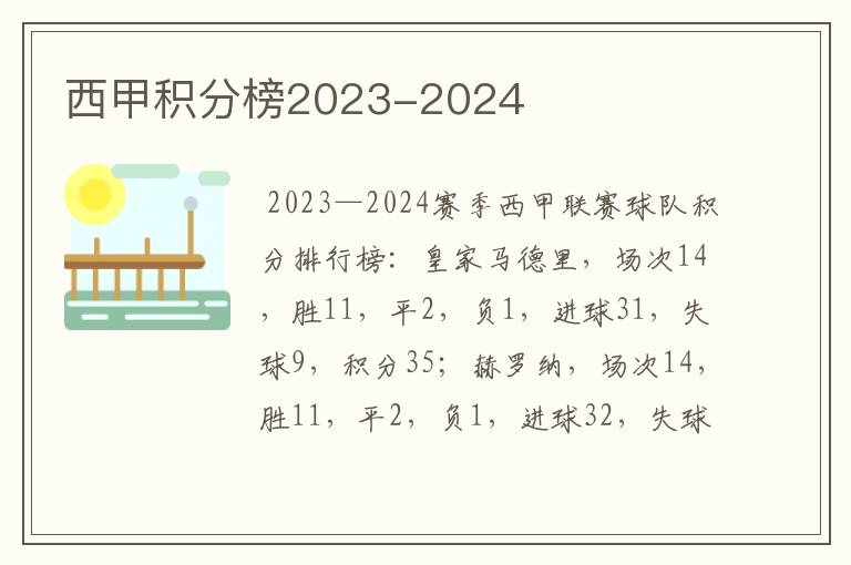 西甲积分榜2023-2024