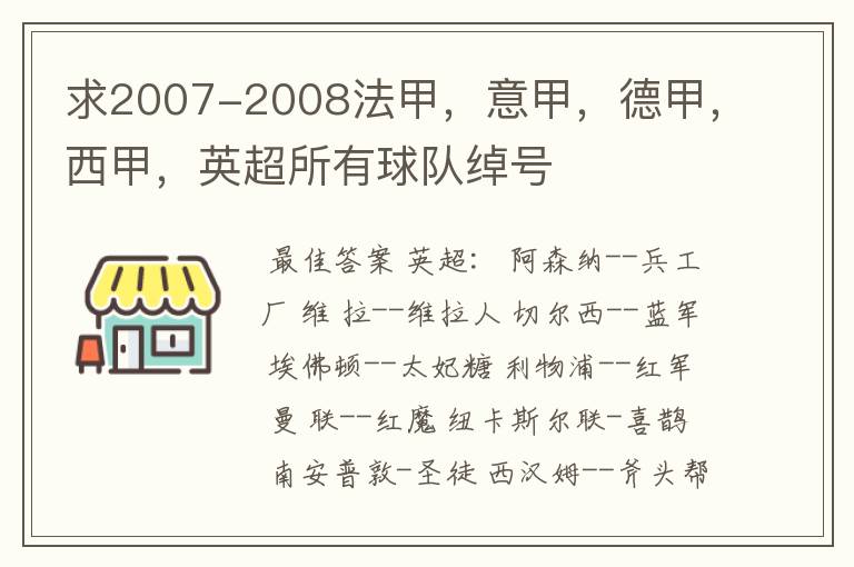 求2007-2008法甲，意甲，德甲，西甲，英超所有球队绰号