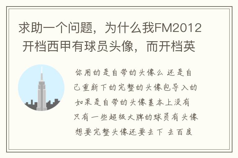 求助一个问题，为什么我FM2012 开档西甲有球员头像，而开档英超没有球员头像？求大虾解释。