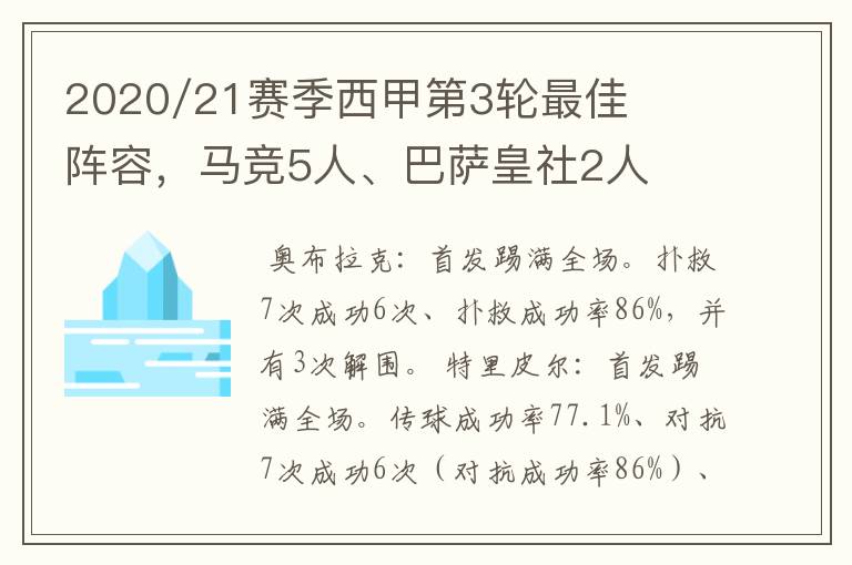 2020/21赛季西甲第3轮最佳阵容，马竞5人、巴萨皇社2人