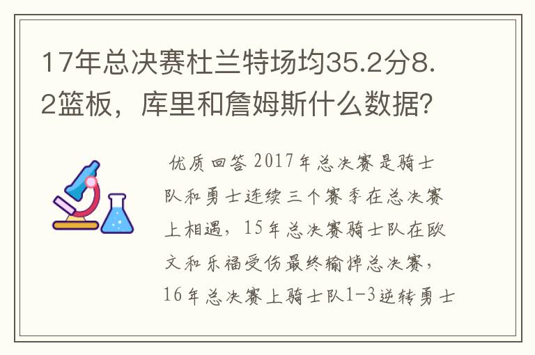 17年总决赛杜兰特场均35.2分8.2篮板，库里和詹姆斯什么数据？