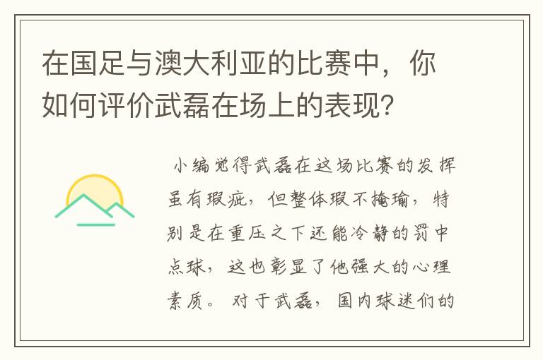 在国足与澳大利亚的比赛中，你如何评价武磊在场上的表现？