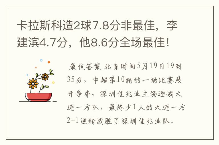 卡拉斯科造2球7.8分非最佳，李建滨4.7分，他8.6分全场最佳！