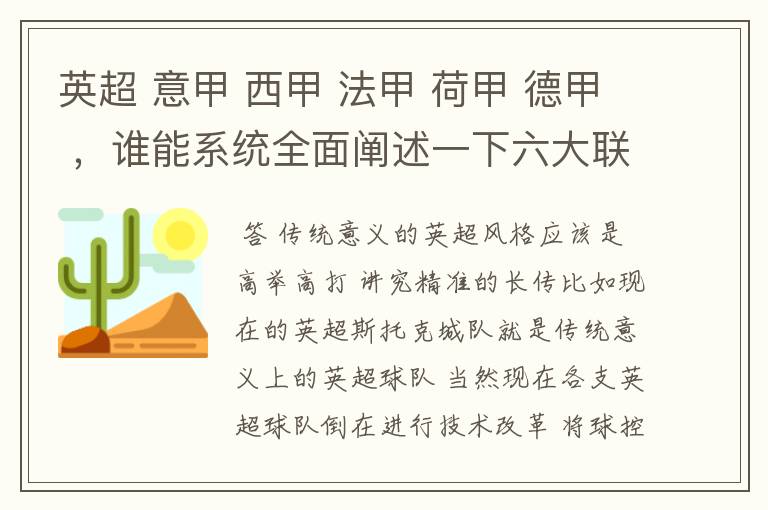 英超 意甲 西甲 法甲 荷甲 德甲 ，谁能系统全面阐述一下六大联赛风格的优缺点 ，