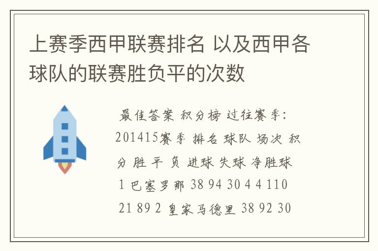 上赛季西甲联赛排名 以及西甲各球队的联赛胜负平的次数