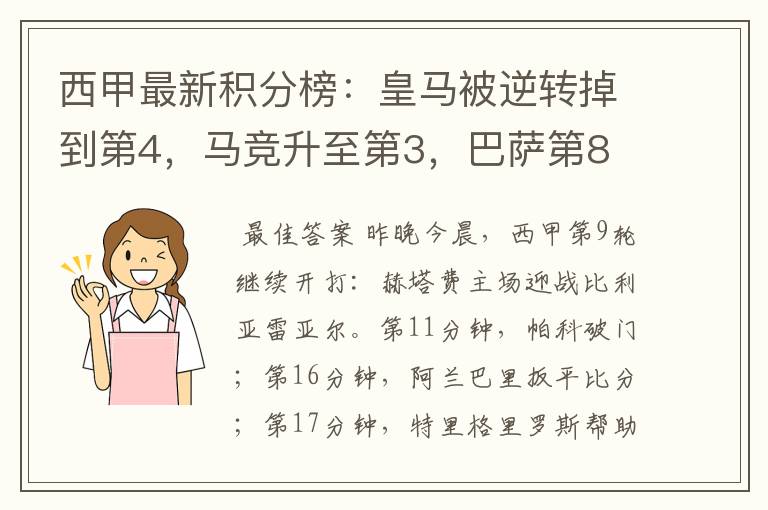 西甲最新积分榜：皇马被逆转掉到第4，马竞升至第3，巴萨第8