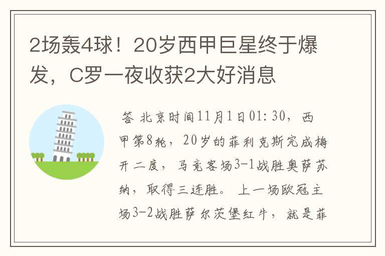 2场轰4球！20岁西甲巨星终于爆发，C罗一夜收获2大好消息