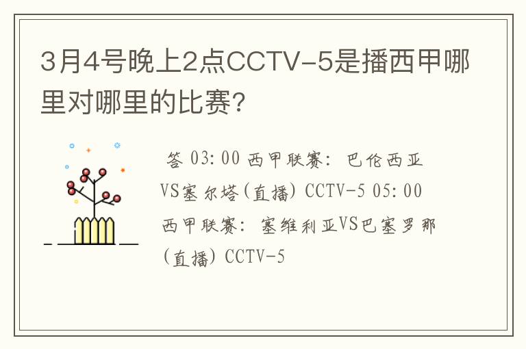 3月4号晚上2点CCTV-5是播西甲哪里对哪里的比赛?