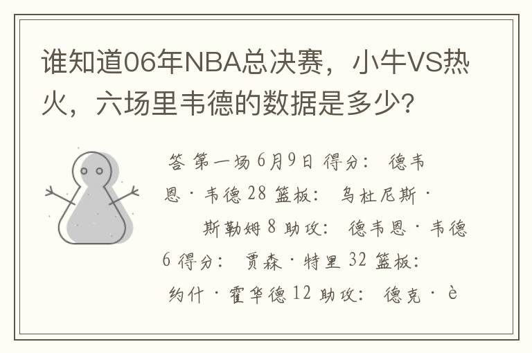 谁知道06年NBA总决赛，小牛VS热火，六场里韦德的数据是多少?