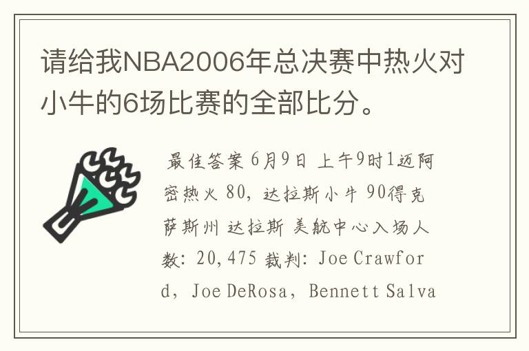 请给我NBA2006年总决赛中热火对小牛的6场比赛的全部比分。