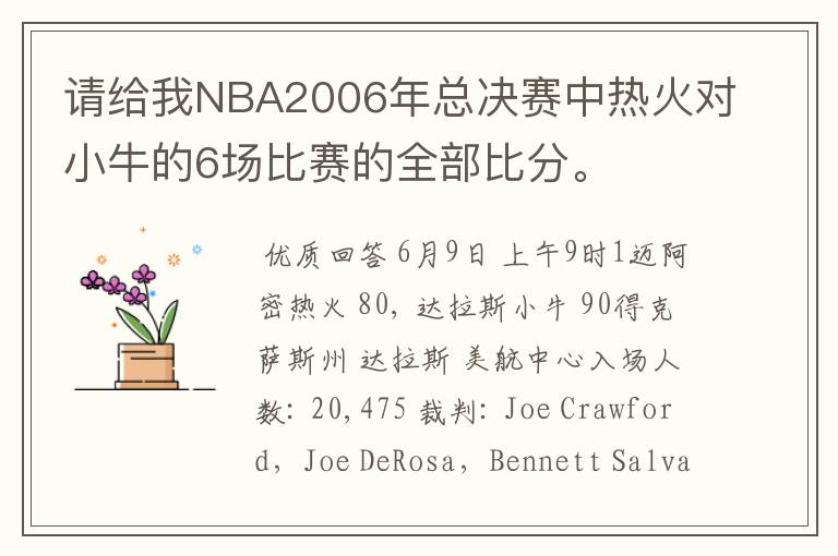 请给我NBA2006年总决赛中热火对小牛的6场比赛的全部比分。