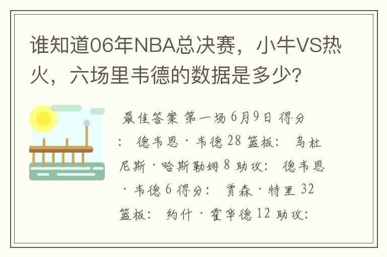 谁知道06年NBA总决赛，小牛VS热火，六场里韦德的数据是多少?