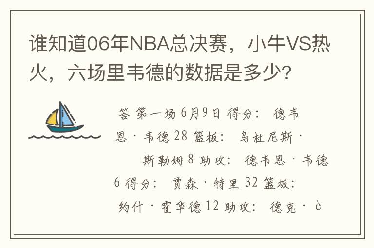 谁知道06年NBA总决赛，小牛VS热火，六场里韦德的数据是多少?