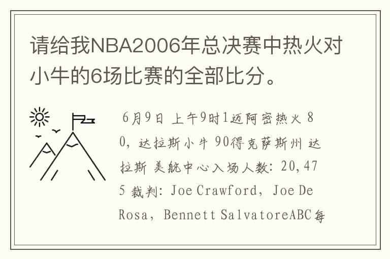 请给我NBA2006年总决赛中热火对小牛的6场比赛的全部比分。