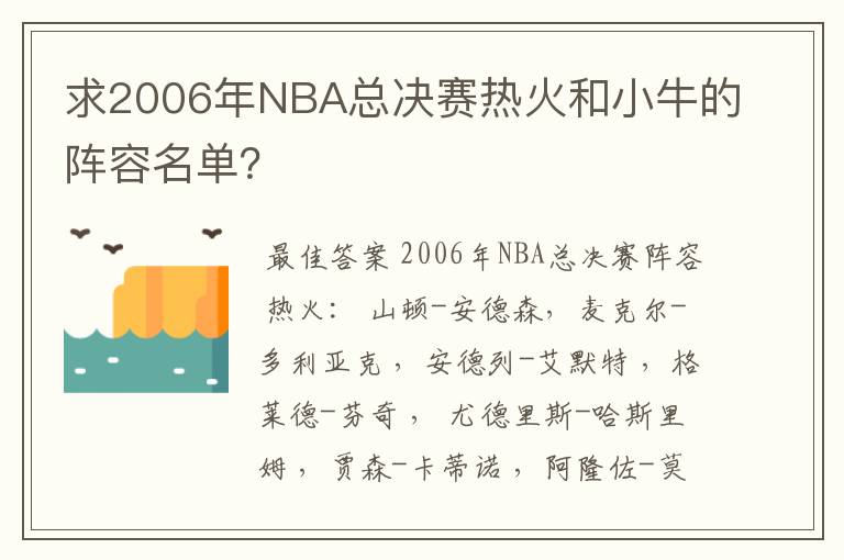 求2006年NBA总决赛热火和小牛的阵容名单？