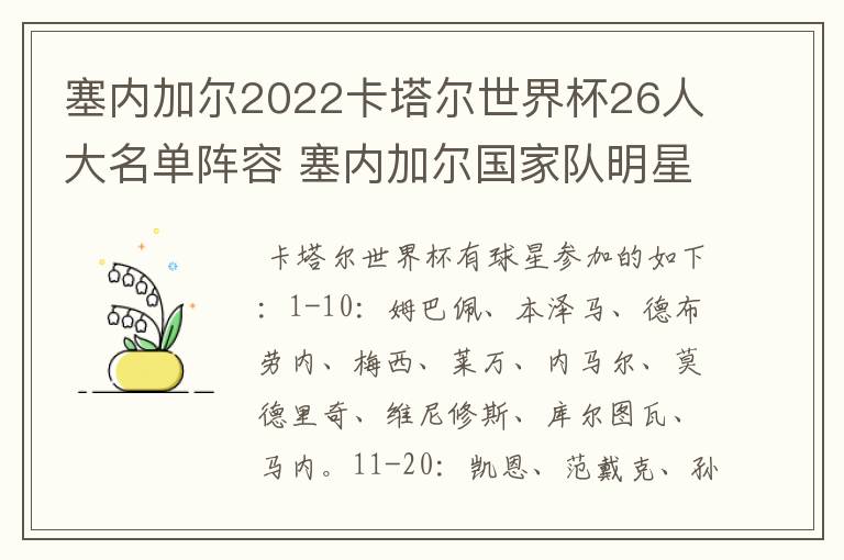 塞内加尔2022卡塔尔世界杯26人大名单阵容 塞内加尔国家队明星球员